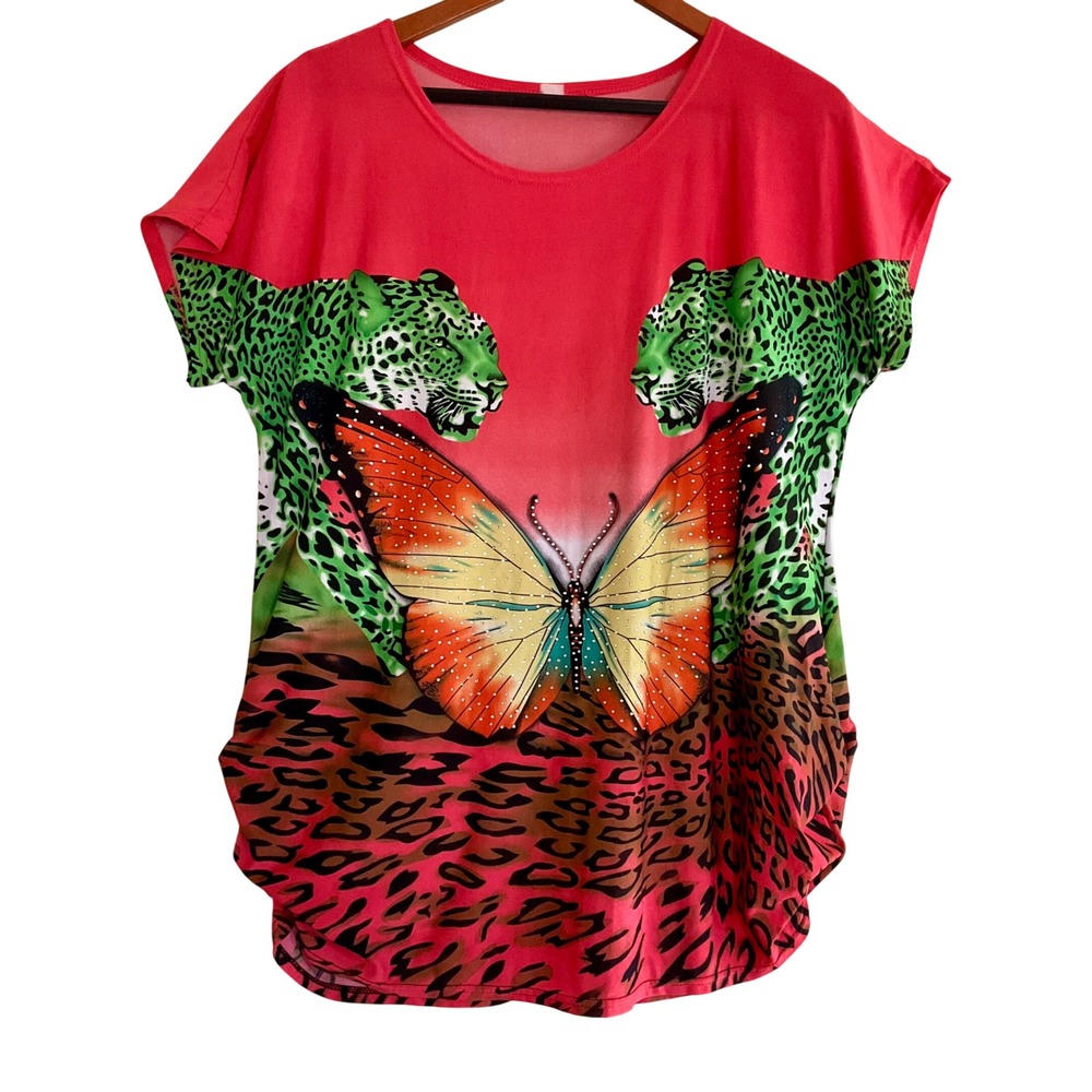 Y2K Leopard Butterfly Rhinestone Graphic Tunic Top McBling Animal‎ Print L/XL